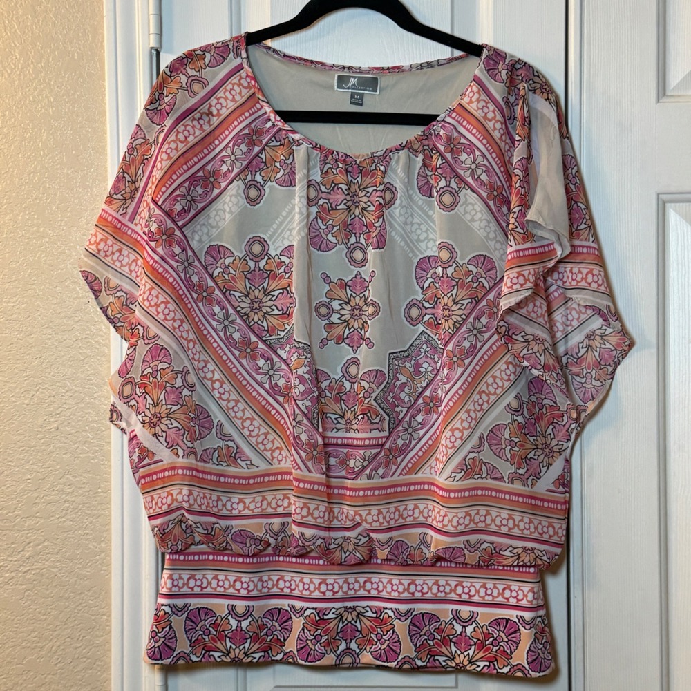 JM Collection Silky Colorful Sheer Overlay Relaxed Fit Flatter Slv Women's Top M